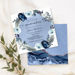Convite Quinceañera Azul Elegante, Floral, Folha Azul, Aga