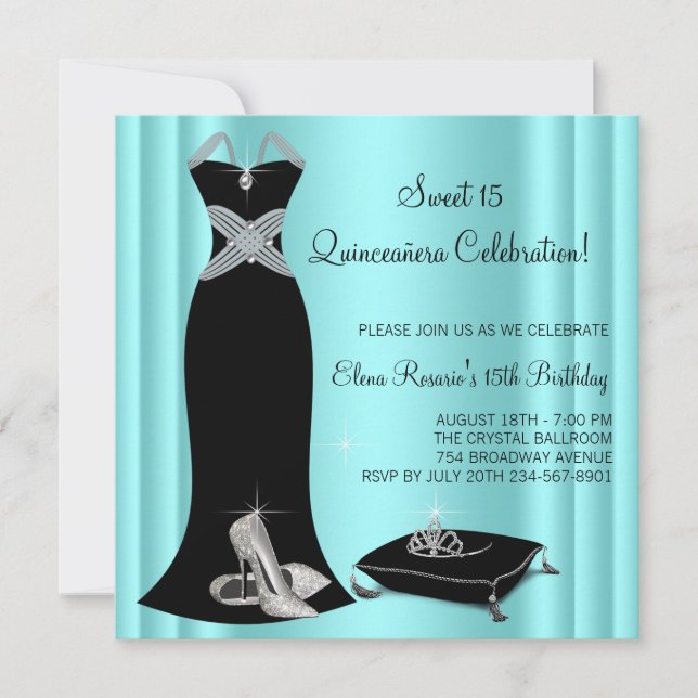 Convite Quinceanera Azul Elegante Preto e Teal (Frente)