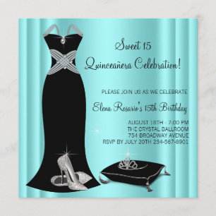 Convite Quinceanera Azul Elegante Preto e Teal
