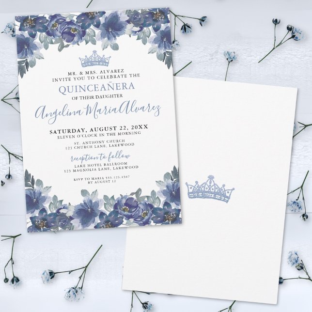 Convite Quinceanera Azul Floral (Elegant Floral Blue Quinceanera Invitation)