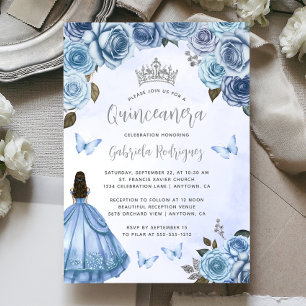 Convite Quinceañera Azul Floral Aquarela Prata