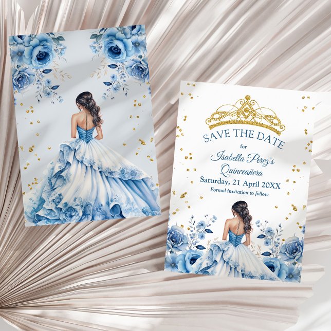 Convite Quinceanera Azul Floral Princesa Salve a Data (Quinceanera Blue Floral Princess Save the Date Invitation on a sunny neutral dry palm leaf.)