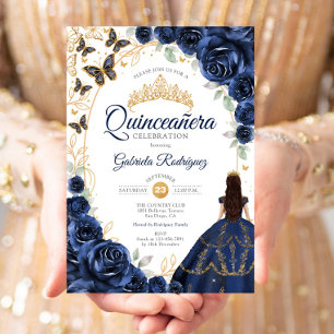 Convite Quinceanera Azul Marinho Floral Dourada