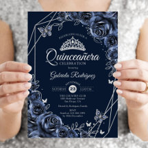 Quinceanera Azul Marinho Floral Prata