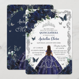 Convite Quinceañera Azul Marinho Floral Princesa Prata