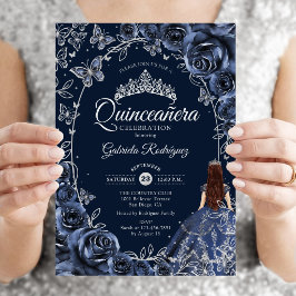 Convite Quinceanera Azul Prata Borboletas Rosas
