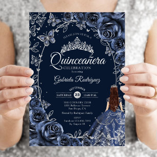 Convite Quinceanera Azul Prata Borboletas Rosas