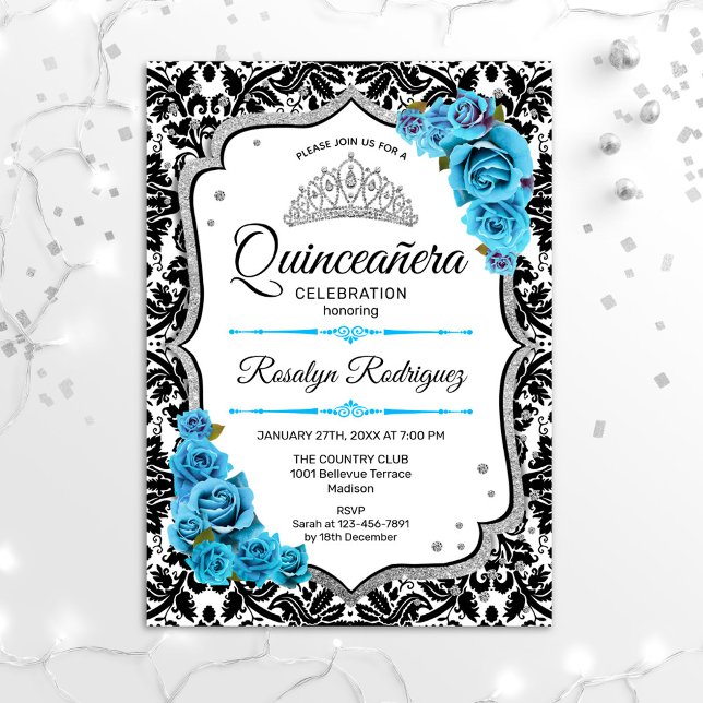 Convite Quinceanera - Azul Prateado Damasco (Criador carregado)