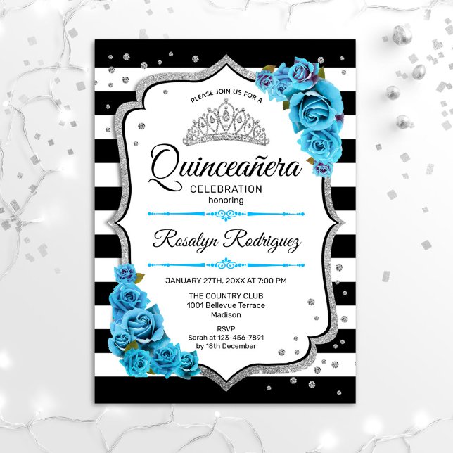 Convite Quinceanera - Azul Prateado Preto Branco (Criador carregado)