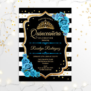 Convite Quinceanera - Azul Preto Dourado