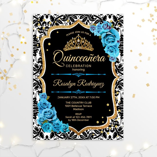 Convite Quinceanera - Azul Preto Dourado (Criador carregado)