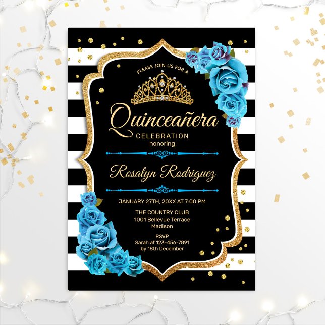 Convite Quinceanera - Azul Preto Dourado (Criador carregado)