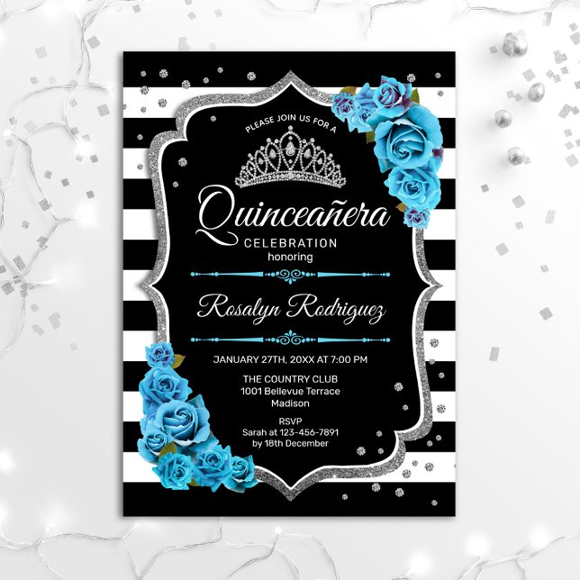 Convite Quinceanera - Azul Preto Prateado (Criador carregado)