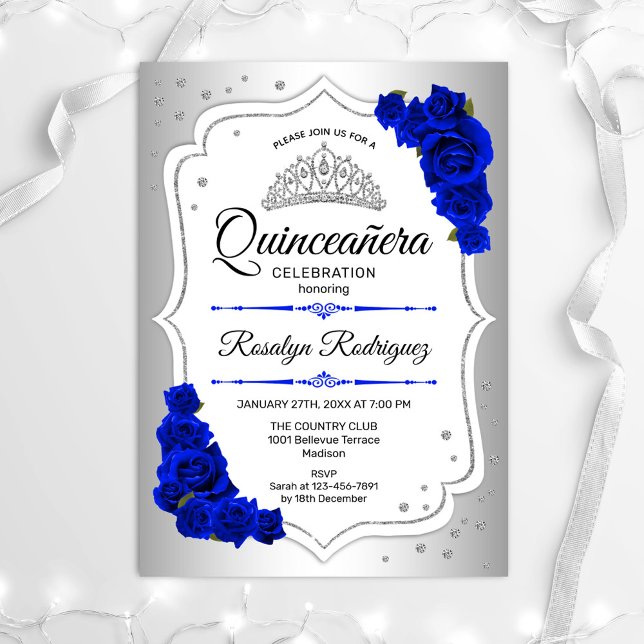 Convite Quinceanera - Azul Real Branco Prateado (Criador carregado)