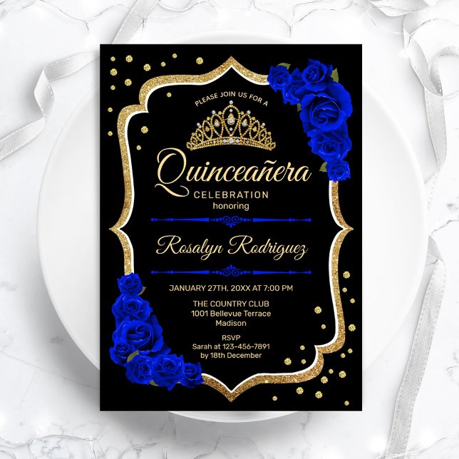 Convite Quinceanera - Azul Real Dourado Negro (Criador carregado)