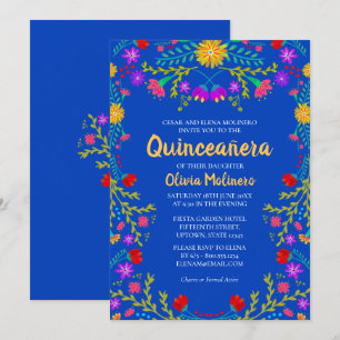 Convite Quinceanera Azul Real Flores Mexicanas Aniversário