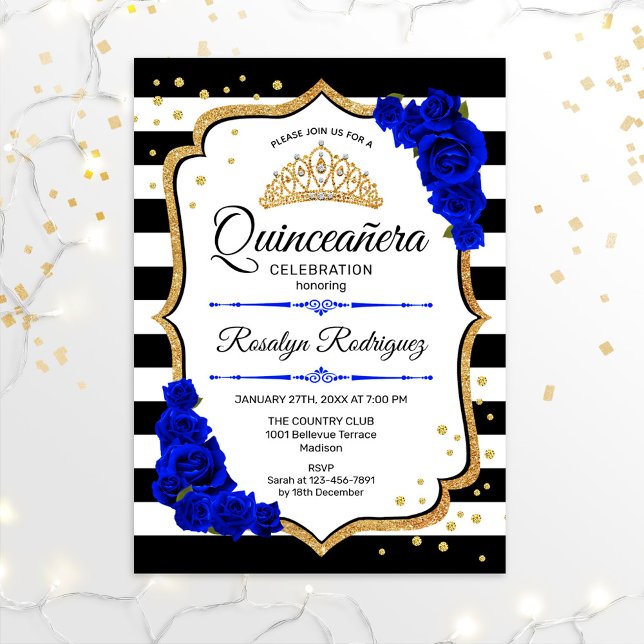 Convite Quinceanera - Azul Real Negro Branco Dourado (Criador carregado)