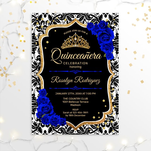 Convite Quinceanera - Azul Real Negro Dourado (Criador carregado)