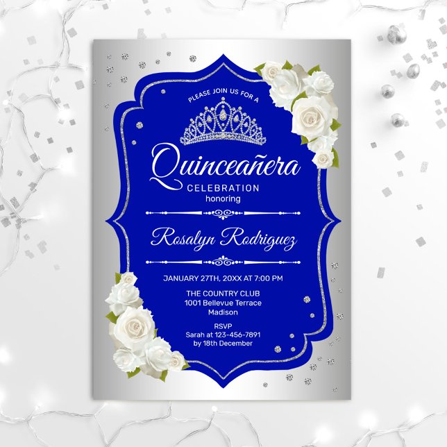 Convite Quinceanera - Azul Real Prateado (Criador carregado)