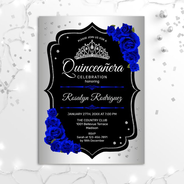 Convite Quinceanera - Azul Real Preto Prateado (Criador carregado)
