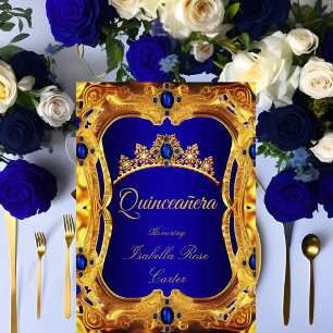 Convite Quinceanera Azul Real Tiaras Ultra Douradas Festa