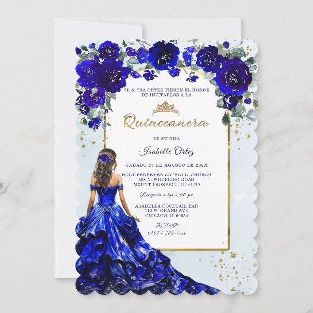 Convite Quinceañera Azul Real y Oro (Frente)