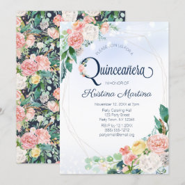 Convite Quinceanera Azul-Rosa Vintage Aniversário