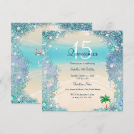 Convite Quinceanera Azul Teal Areia Oceano Praia Aniversár