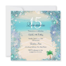 Quinceanera Azul Teal Areia Oceano Praia Aniversár