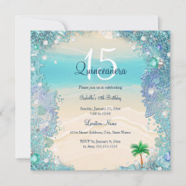 Convite Quinceanera Azul Teal Areia Oceano Praia Aniversár