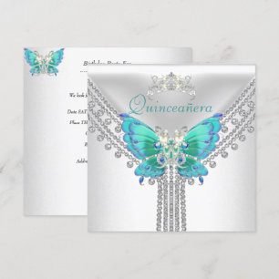 Convite Quinceañera Azul Teal Branco Borboleta Diamante 2