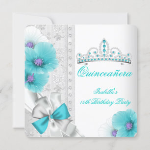 Convite Quinceanera Azul Teal Branco Tiara Diamante Floral