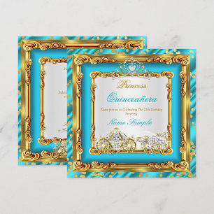 Convite Quinceanera Azul Teal Dourado Diamante Carruagem d