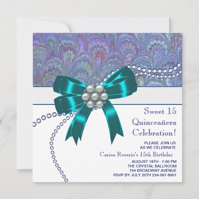 Convite Quinceanera Azul Teal Roxo (Frente)