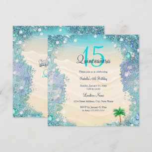 Convite Quinceanera Azul Turquesa Areia Oceano Praia Anive