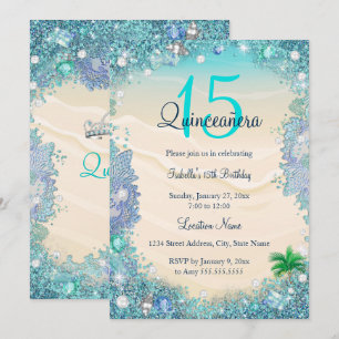Convite Quinceanera Azul Turquesa Areia Oceano Praia Anive