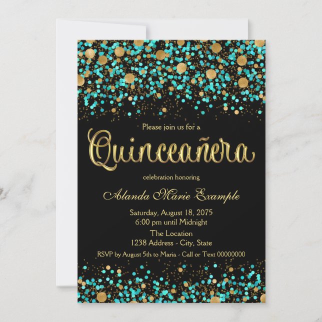 Convite Quinceanera Azul Turquesa e Dourado (Frente)