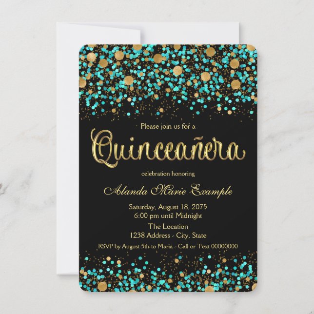 Convite Quinceanera Azul Turquesa e Dourado (Frente)