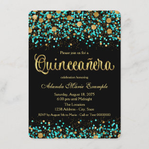 Convite Quinceanera Azul Turquesa e Dourado
