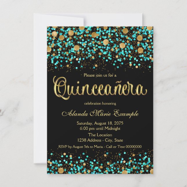 Convite Quinceanera Azul Turquesa e Dourado (Frente)