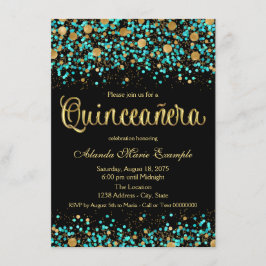 Convite Quinceanera Azul Turquesa e Dourado