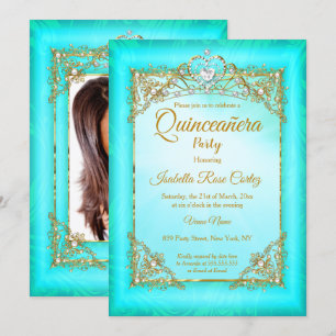 Convite Quinceanera Azul turquesa pérola foto Tiara dourad