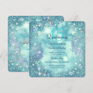 Convite Quinceanera Azul Turquesa Pérolas Oceano Céu Anive
