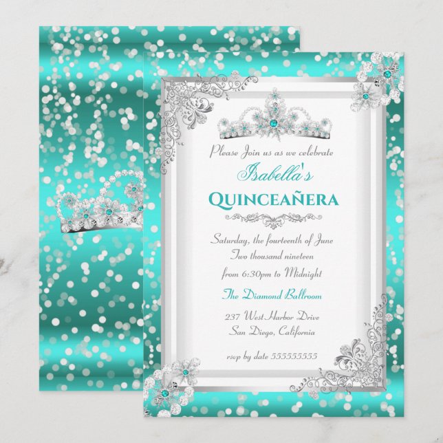 Convite Quinceanera Azul Turquesa Prata Tiara de Floco de  (Frente/Verso)