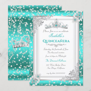 Convite Quinceanera Azul Turquesa Prata Tiara de Floco de 