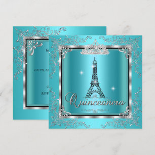 Convite Quinceanera Azul Turquesa Tiara de Prata Torre Eif