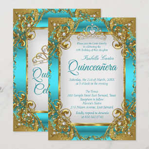 Convite Quinceanera Azul Turquesa Tiara Dourada Pérola Fes