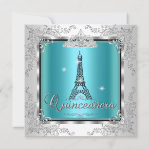 Convite Quinceanera Azul Turquesa Tiara Prata Torre Eiffel
