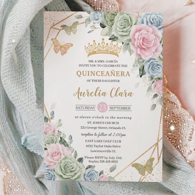 Convite Quinceañera Azul Verde Cor-de-Rosa Cor-de-Cinzento (Criador carregado)