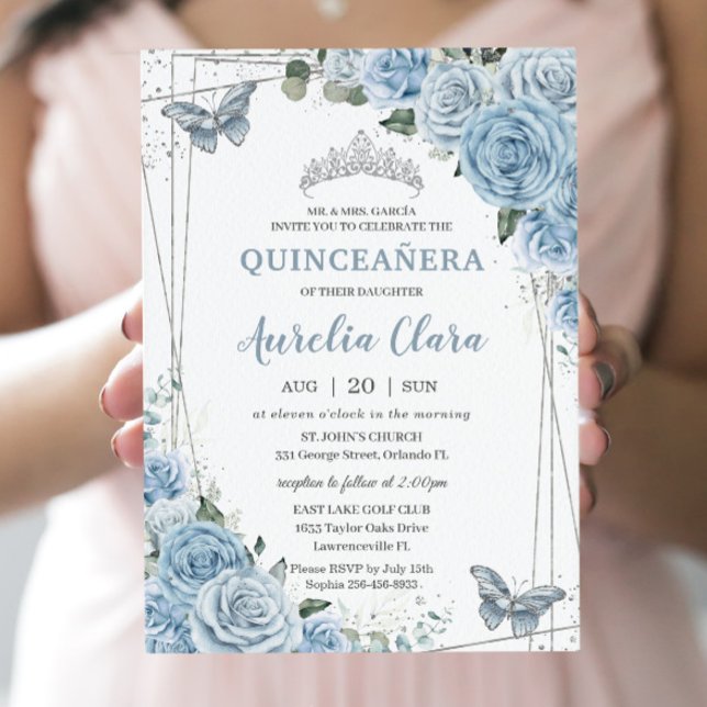 Convite Quinceañera Baby Blue Borboletas Florais 16º (Criador carregado)